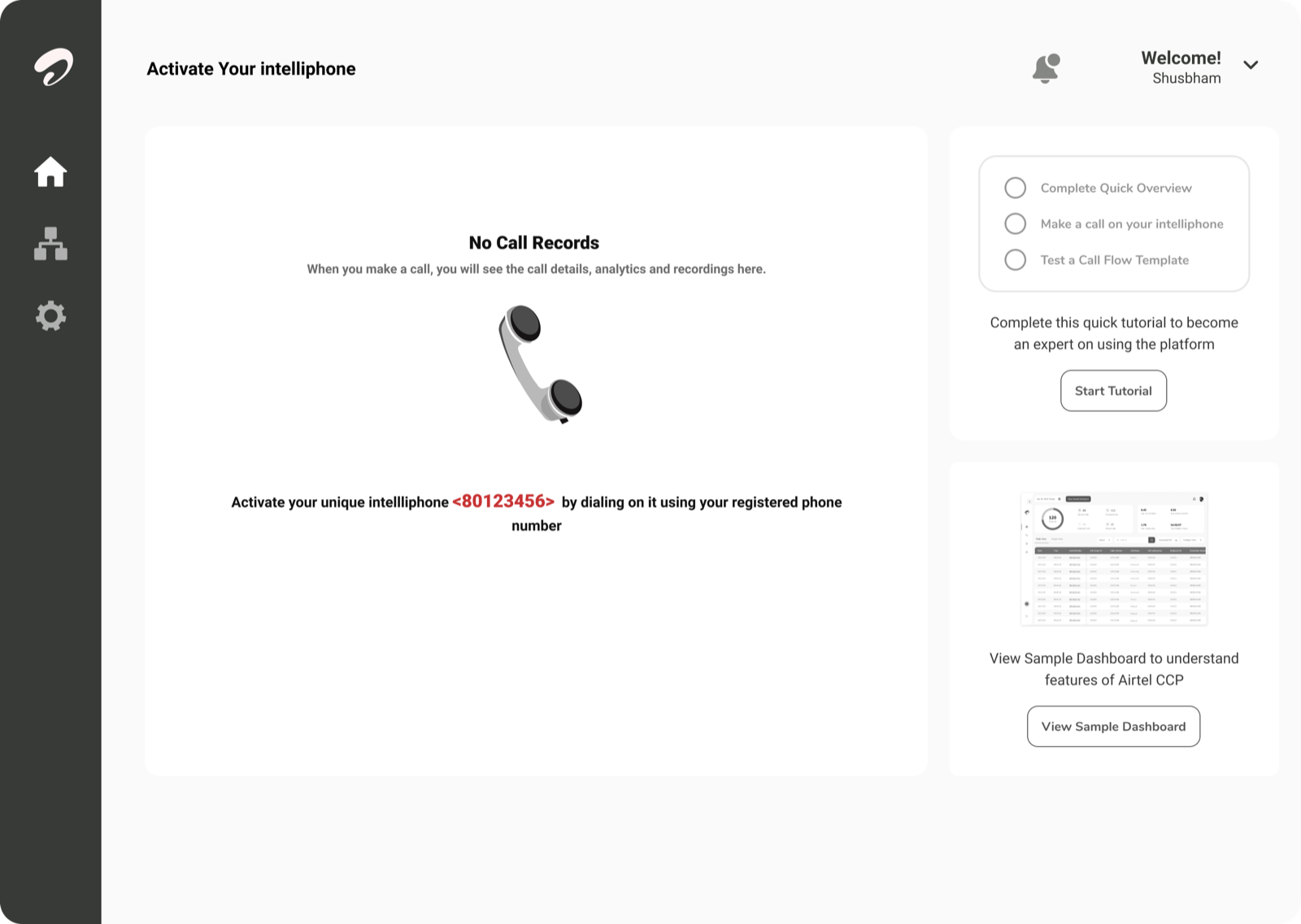 Activate Your Intelliphone screen: no call records yet, with the assigned test number alongside an onboarding checklist