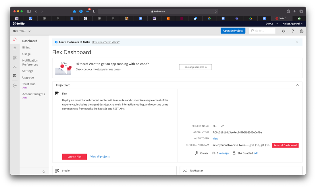 Twilio's Flex dashboard: project info, account SID and auth token exposed on the main screen