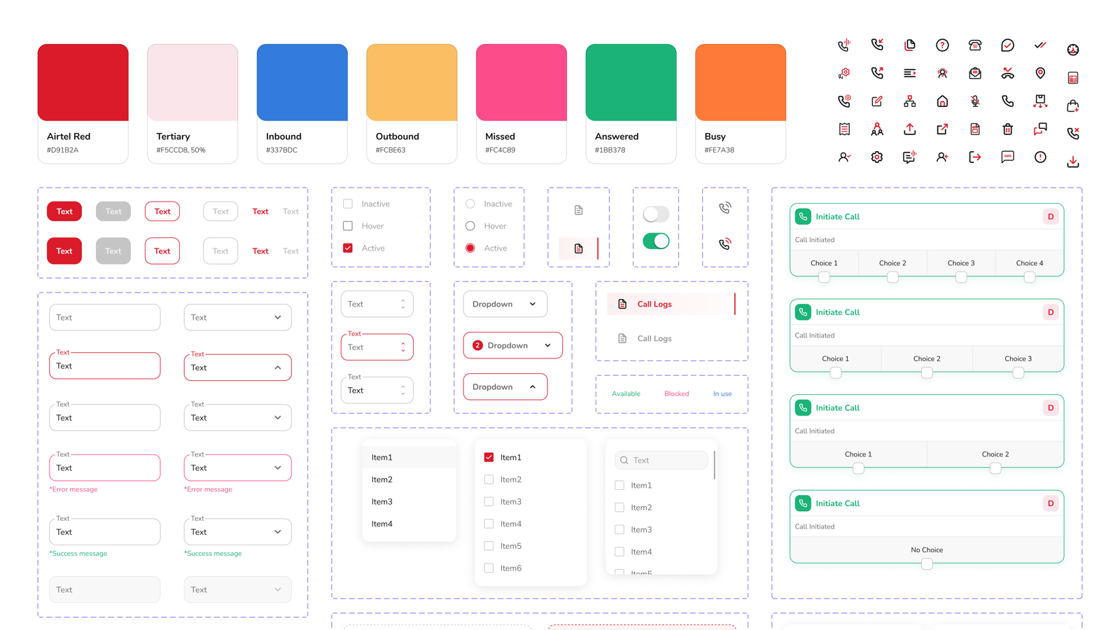 The Airtel IQ design system: brand colours and status tags, buttons, inputs, dropdowns, toggles, navigation states, icons and the call-flow node structure