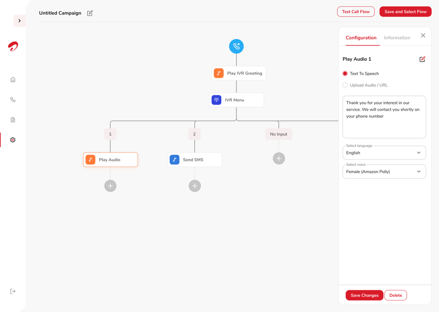The final node configuration panel, open on a Play Audio node with its text-to-speech prompt, language and voice settings