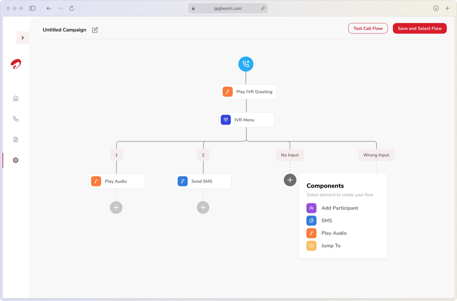 Airtel IQ's voice campaign builder: an IVR greeting node branching into menu options with play-audio and send-SMS steps