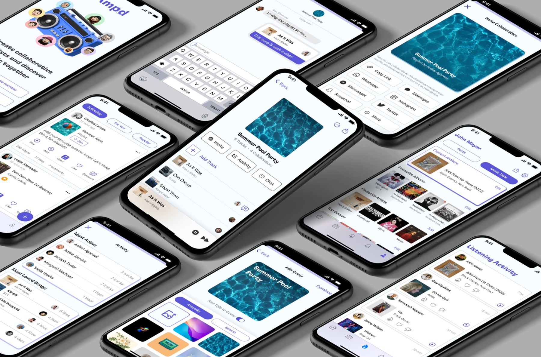 A collage of Amp'd screens on real devices: onboarding, chat, playlist sharing, the feed, cover art, profile and activity