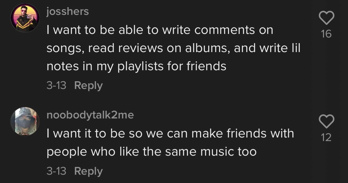 Replies about wanting comments on songs, notes left in playlists for friends, and making friends with people who share the same taste