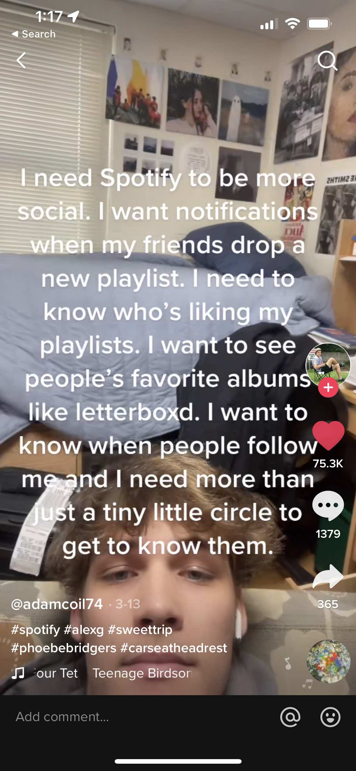A TikTok video, 75,300 likes: "I need Spotify to be more social. I want notifications when my friends drop a new playlist. I need to know who's liking my playlists..."