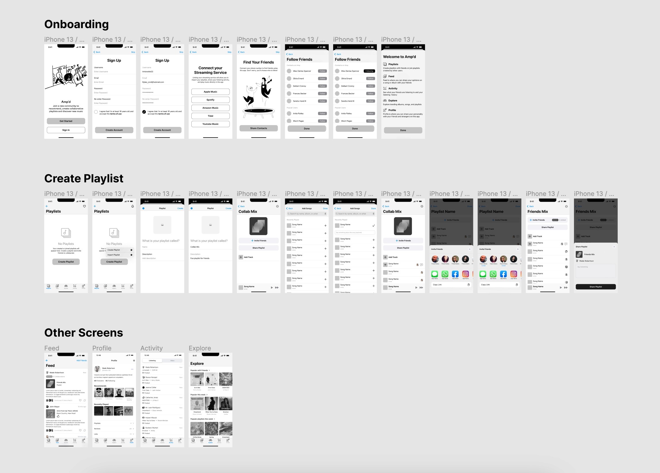 Medium-fidelity wireframes: onboarding, playlist creation, and the feed, profile, activity and explore screens