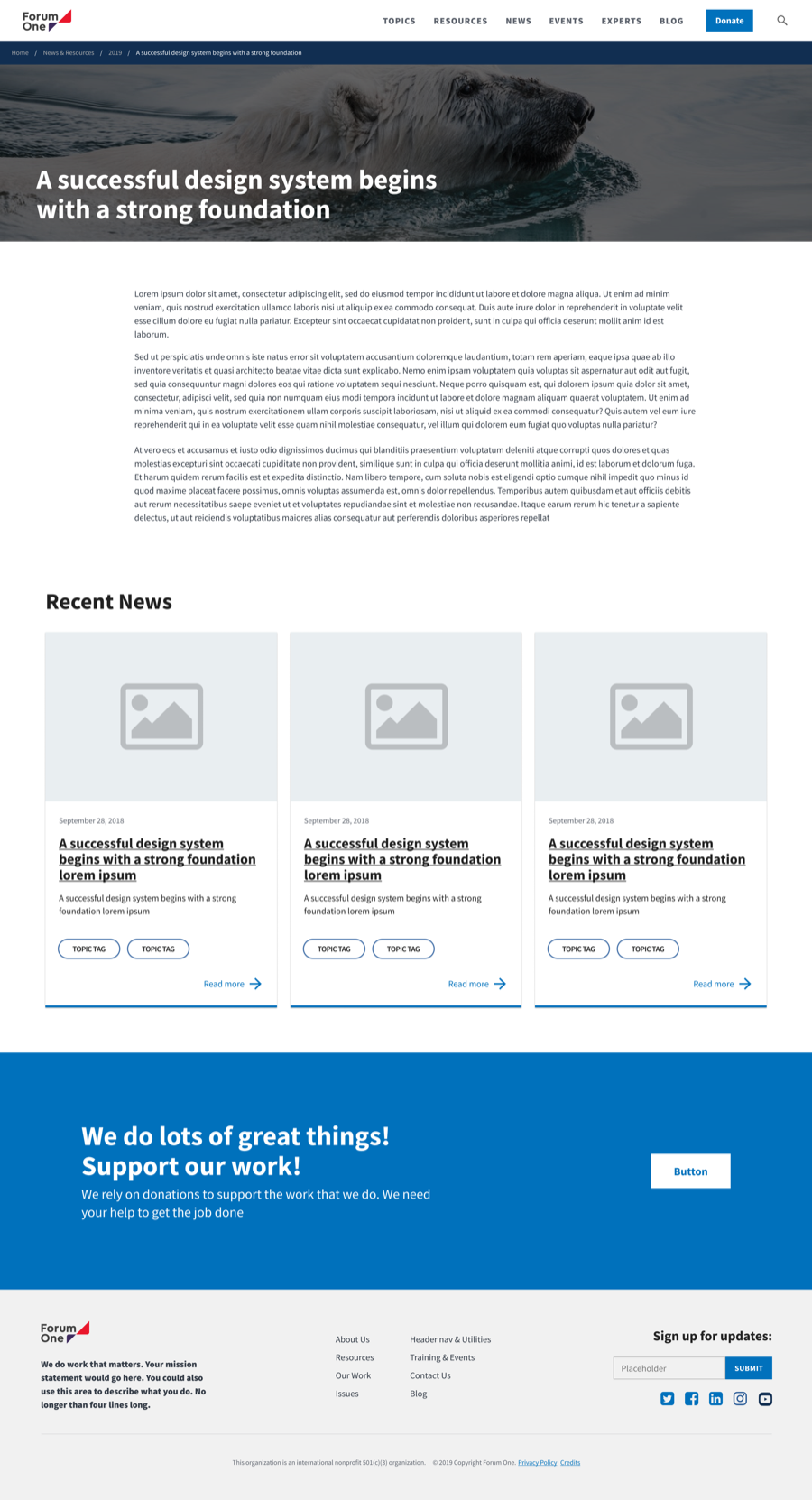 A news article page assembled entirely from the component library