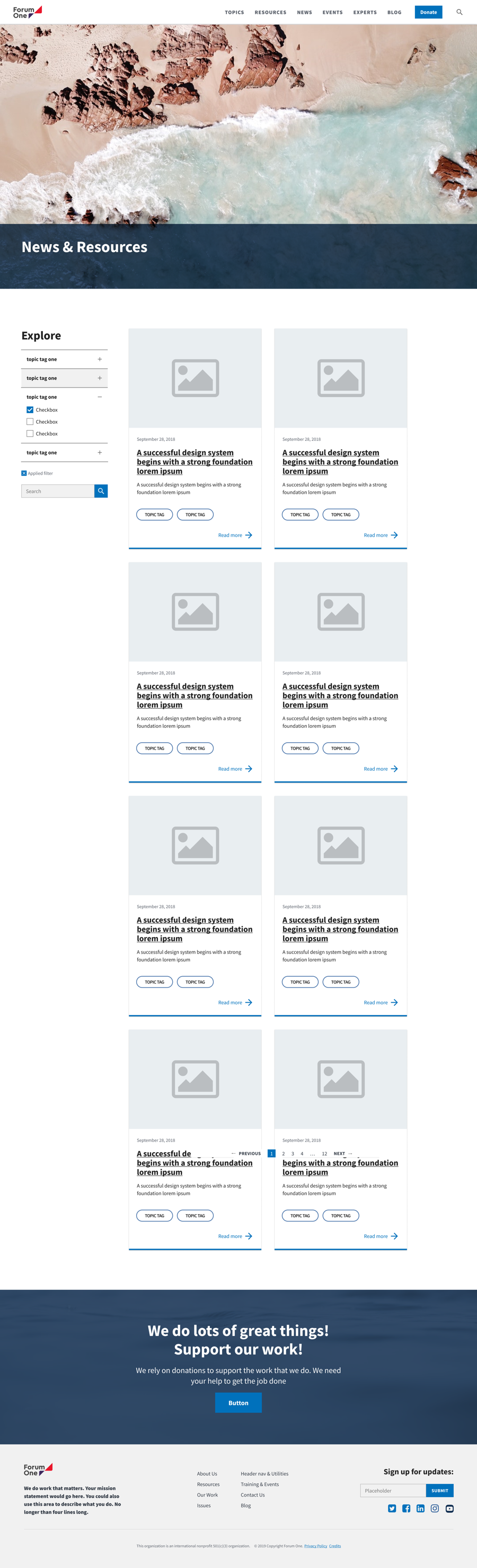 A resource-listing page assembled entirely from the component library
