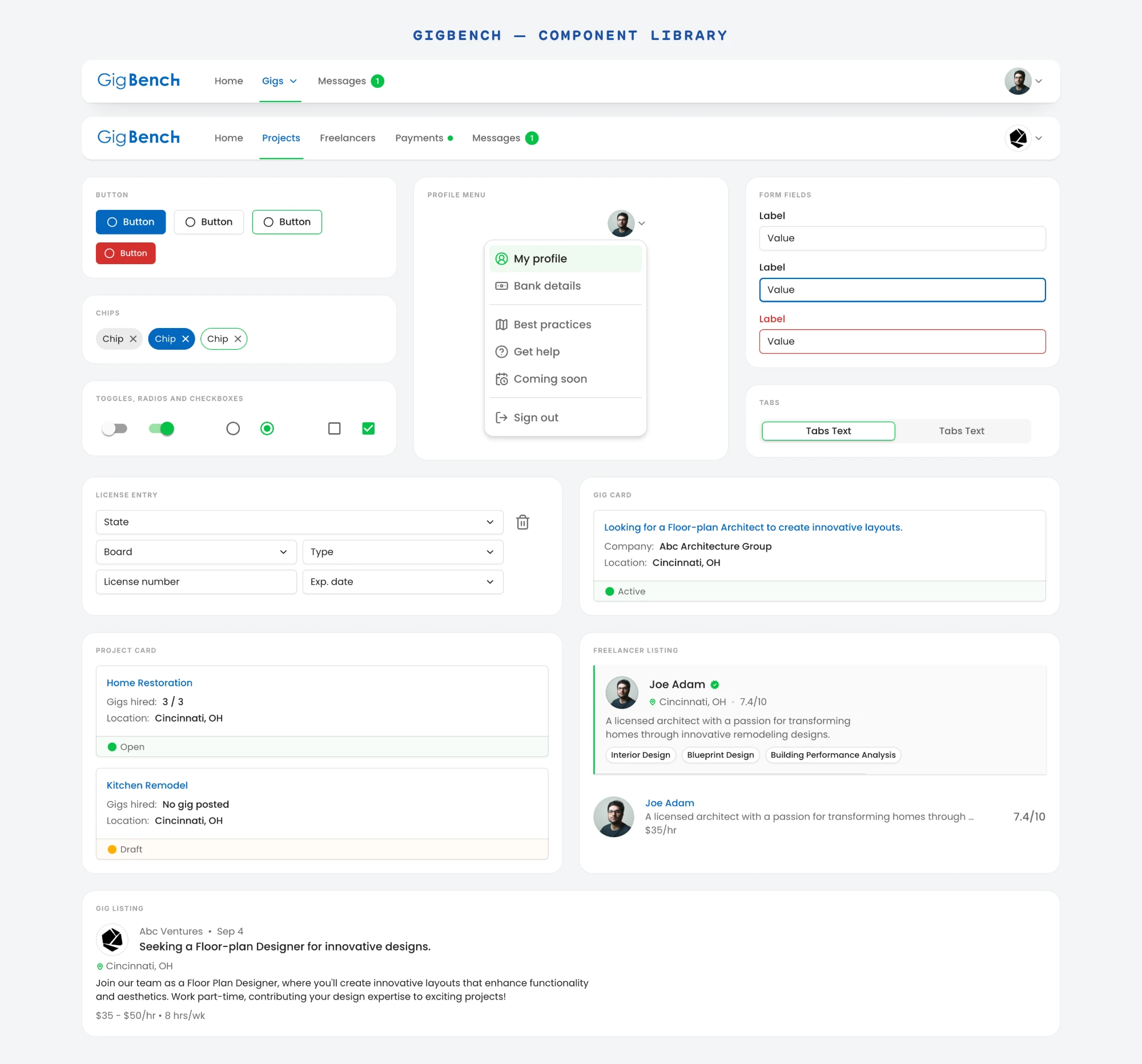 GigBench component library: buttons, chips, profile menu, form fields, tabs, license entry, toggles and checkboxes, project cards, freelancer listings and gig listings