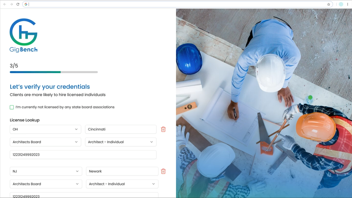 GigBench freelancer onboarding, step 3 of 5: verify your credentials