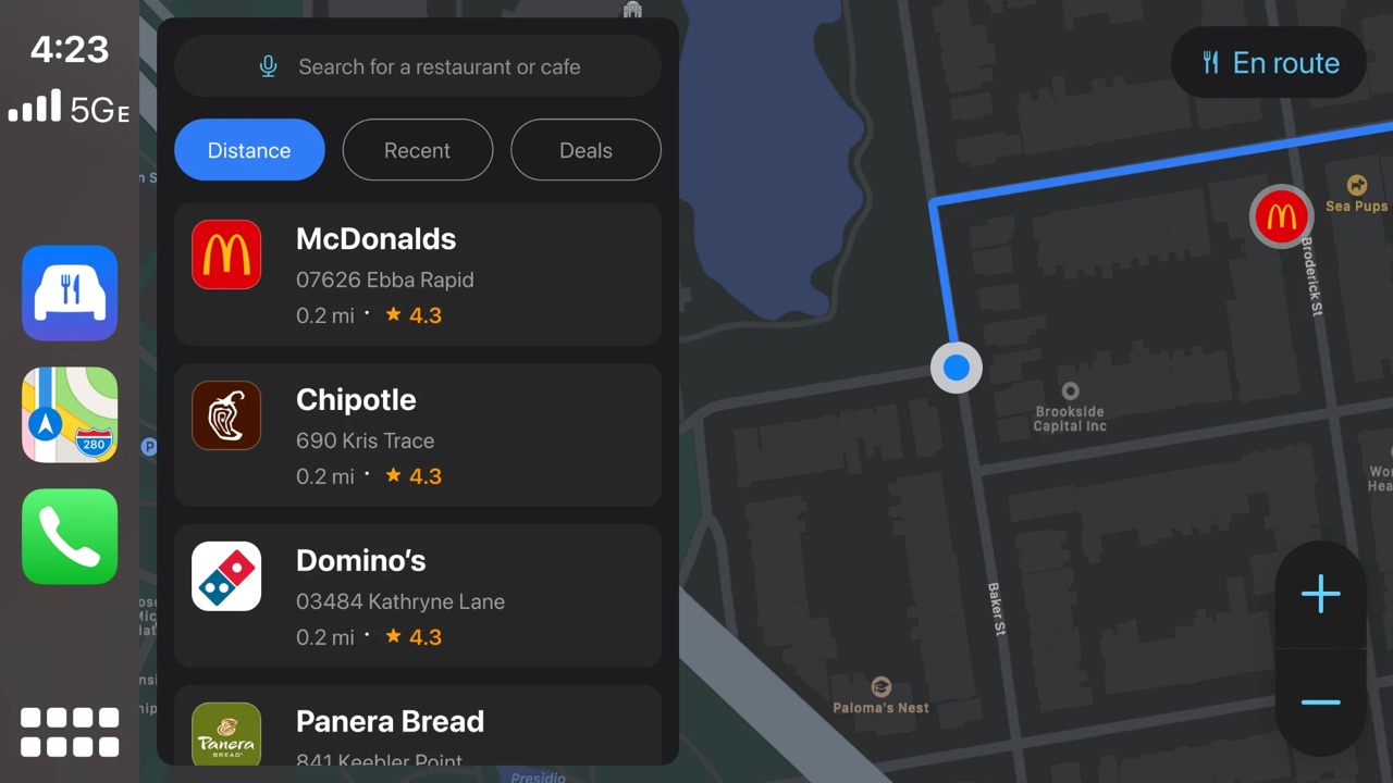 Restaurants near the route, sorted by distance, beside a map heading to McDonald's