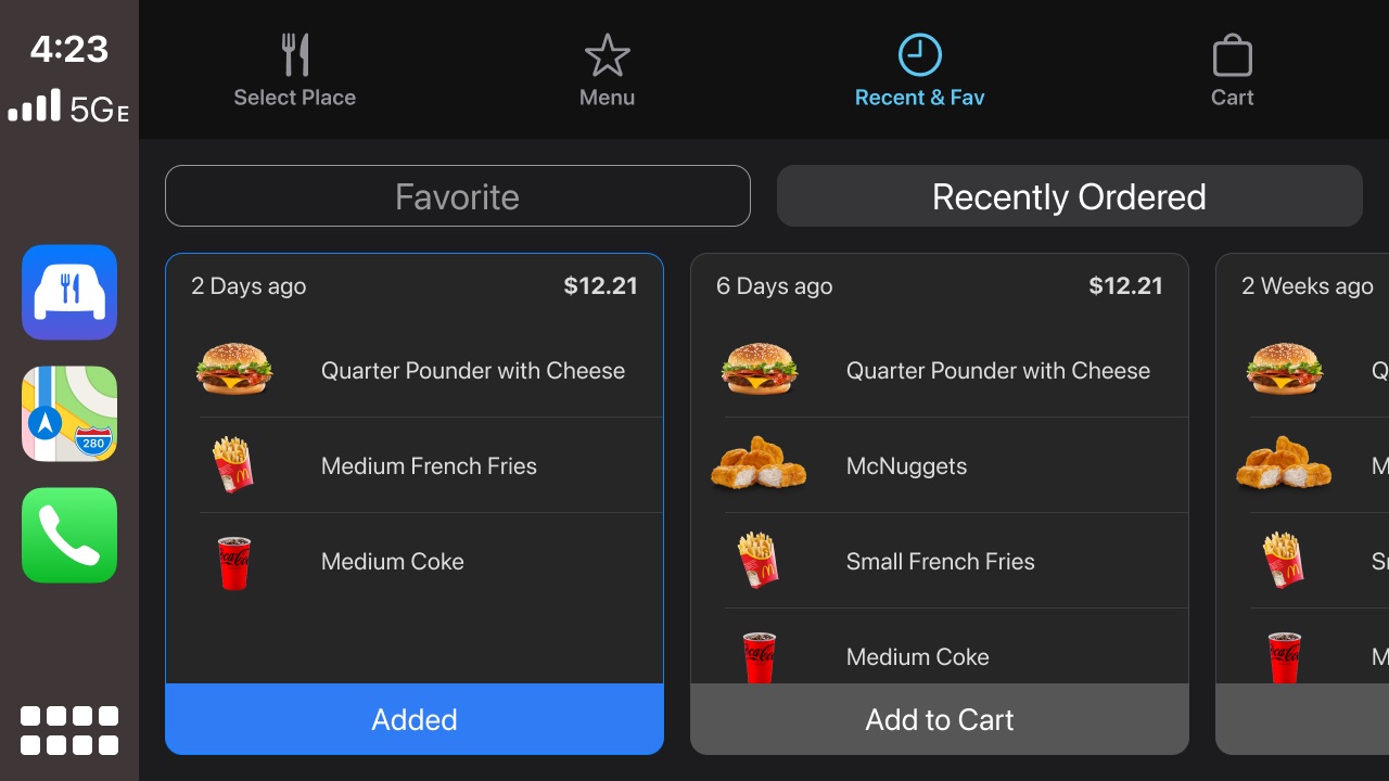 Recently ordered meals as cards, each added back to the cart in one tap