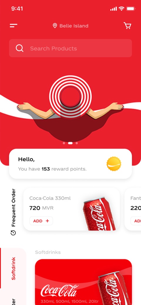 Home screen with the Coca-Cola wave, reward points and frequent orders