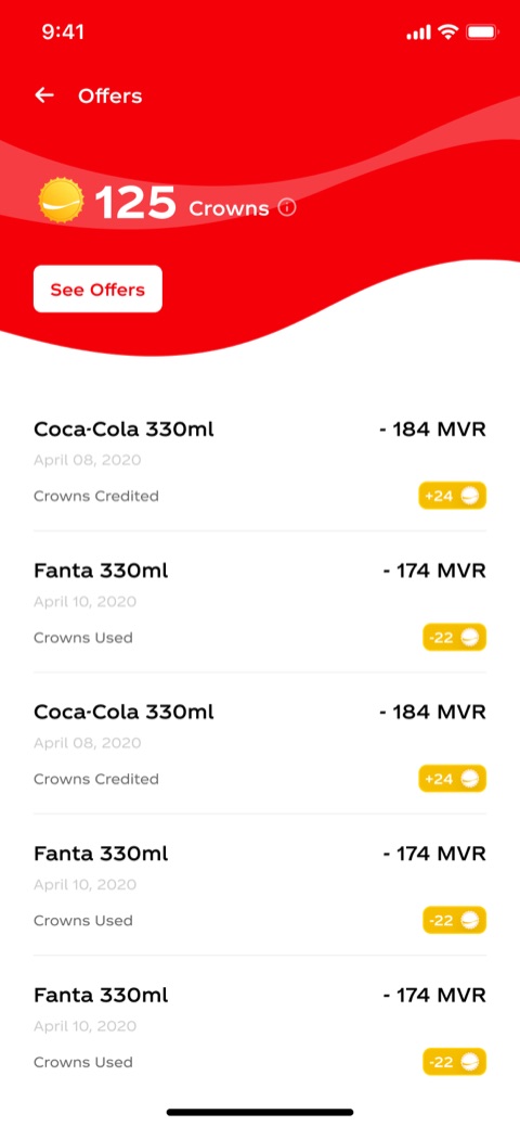Coke Crowns balance and the offers they were spent on