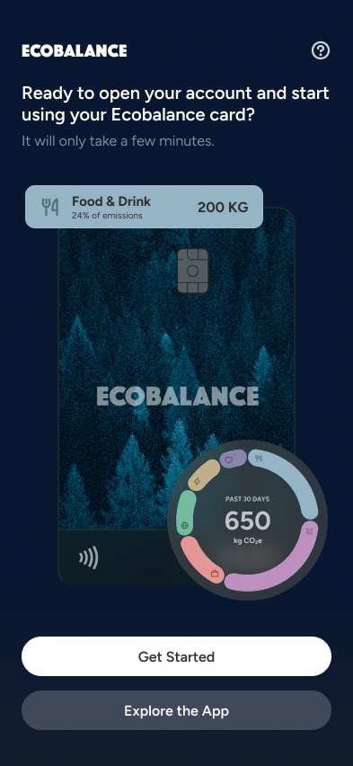 Ready to open your account: the card with its emissions ring, and Get Started
