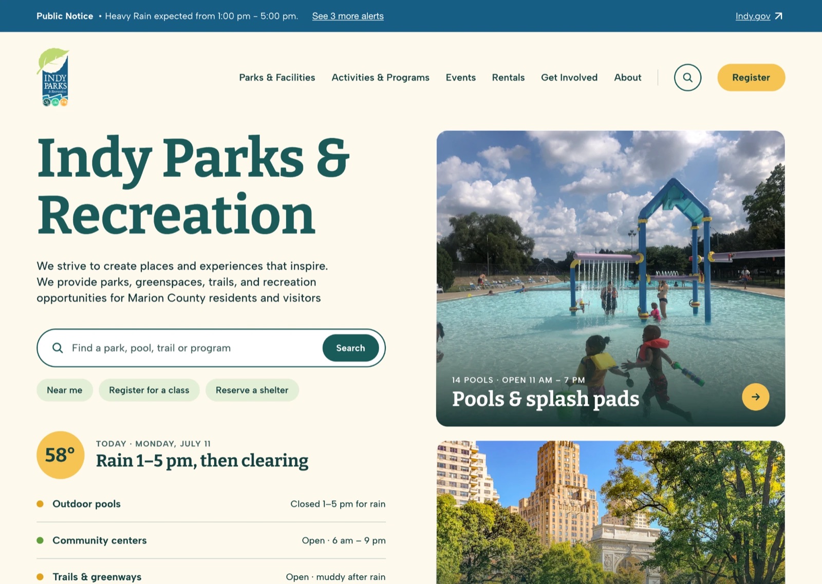Indy Parks & Recreation homepage concept: a large headline, a park search bar, today's weather and what's open, and a pool photo captioned Pools & splash pads