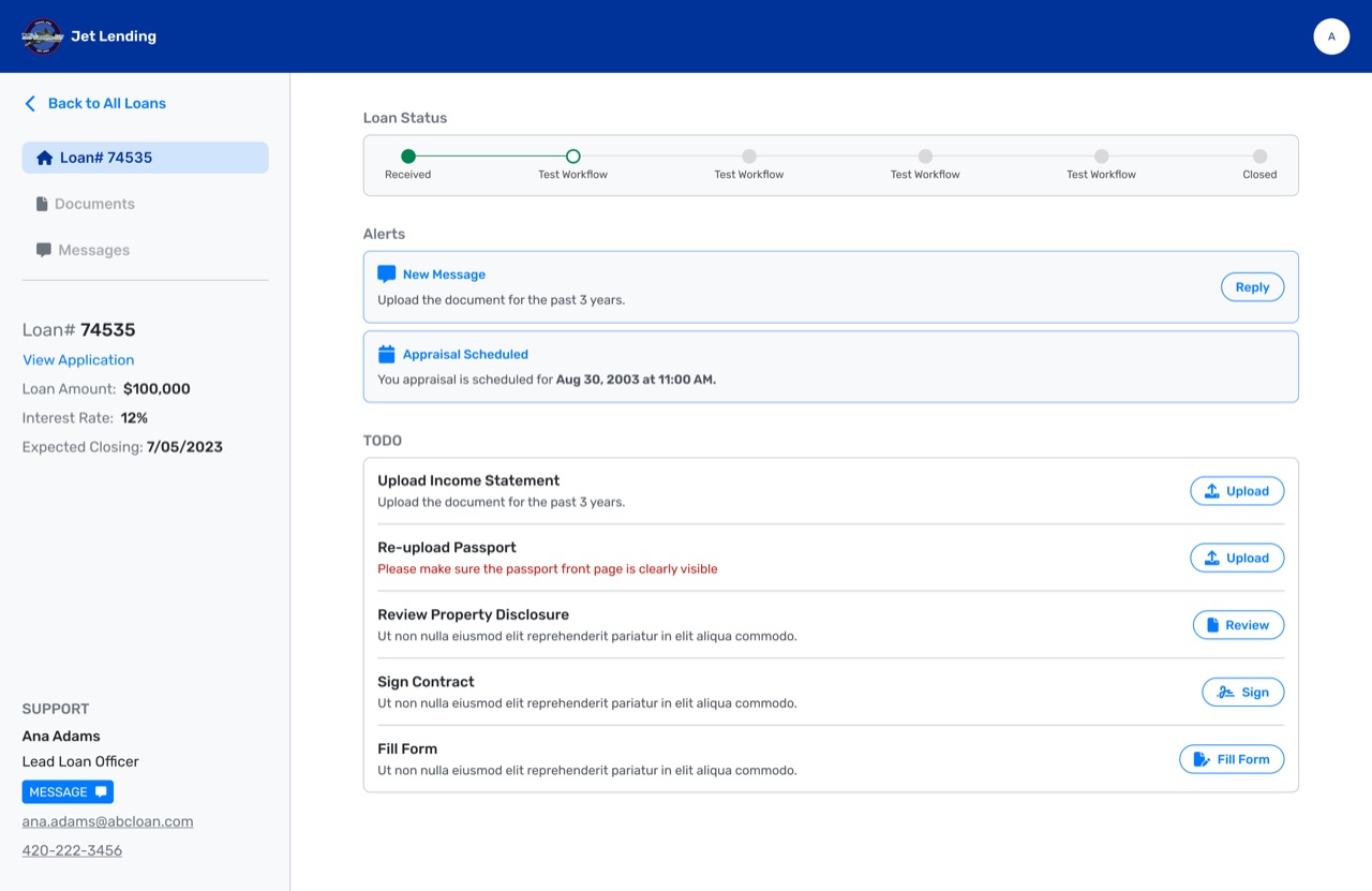 A loan's application progress, with alerts and a list of documents still to upload