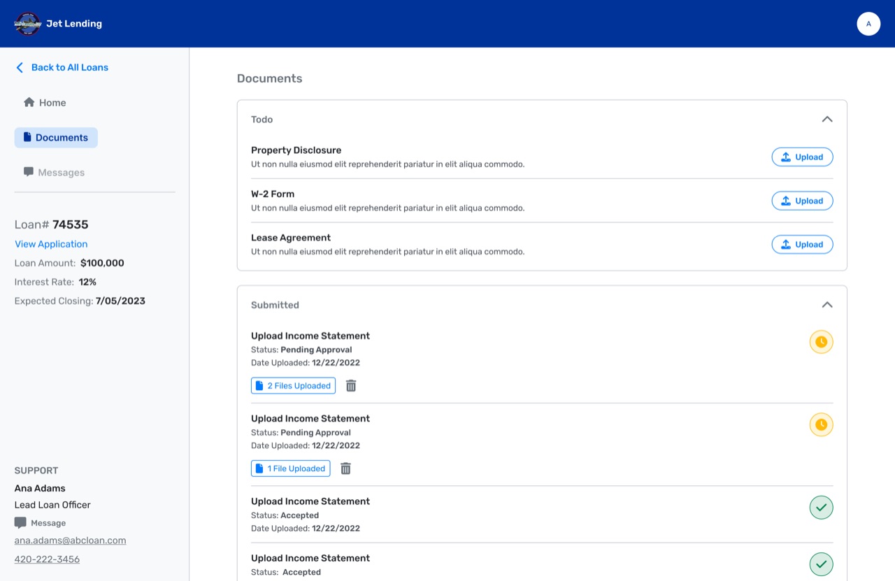A loan's documents, grouped by status, with upload and review actions