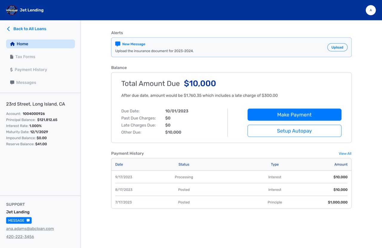 Loan servicing screen in Jet Lending