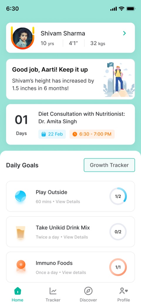 Home for a subscribed parent: height progress, a nutritionist consultation and daily goals