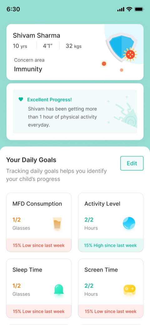 Development tracker with immunity, daily goals, sleep and screen time