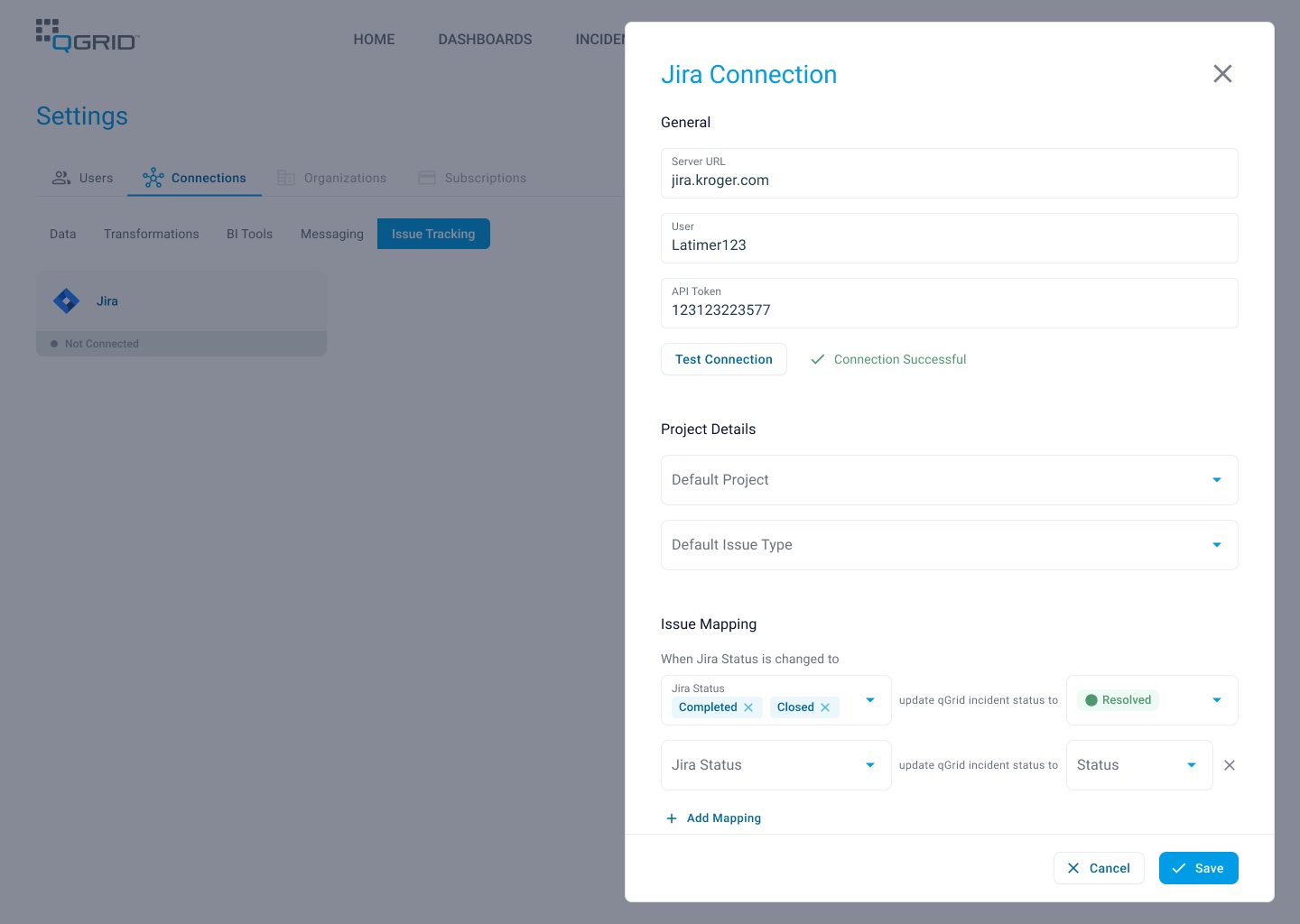Jira connection settings: server, credentials, default project and a mapping from Jira statuses to qGrid incident statuses