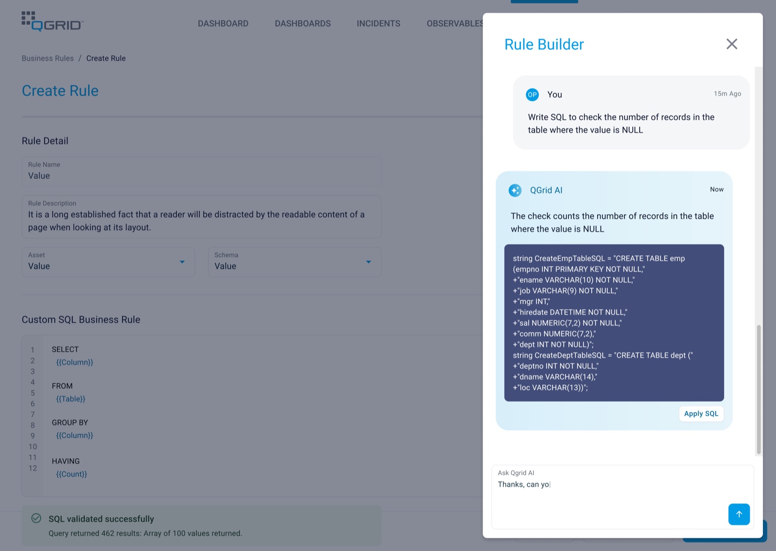 The Rule Builder panel: a user asks qGrid AI in plain language for a null-value check, and the AI returns SQL to apply