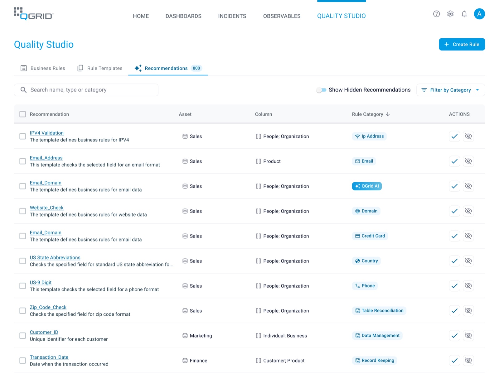Quality Studio's Recommendations tab: suggested rules such as email format, US state abbreviations and zip code checks, each mapped to an asset, column and category
